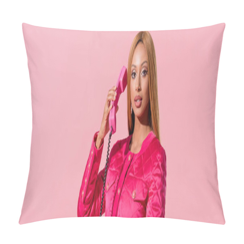 Personality  Panoramic Shot Of Fashionable African American Woman Talking On Retro Phone Isolated On Pink, Fashion Doll Concept Pillow Covers