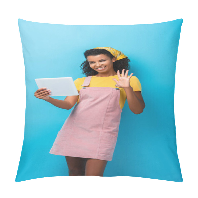 Personality  Happy African American Woman In Headscarf Waving Hand While Having Video Call On Blue  Pillow Covers