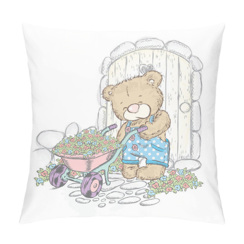 Personality  Cute Bear And Trolley With Seedlings. Vector Illustration For A Card Or Poster. Bear In The Garden. Pillow Covers