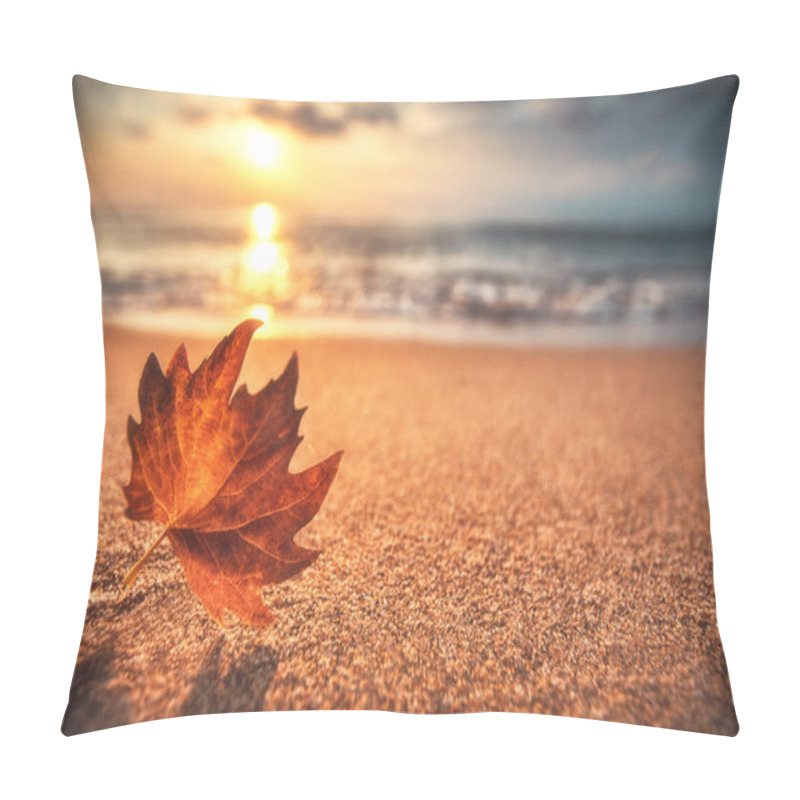 Personality  Autumn Leaf On Sand. Beautiful Cloudscape Over The Sea, Sunrise Shot Pillow Covers