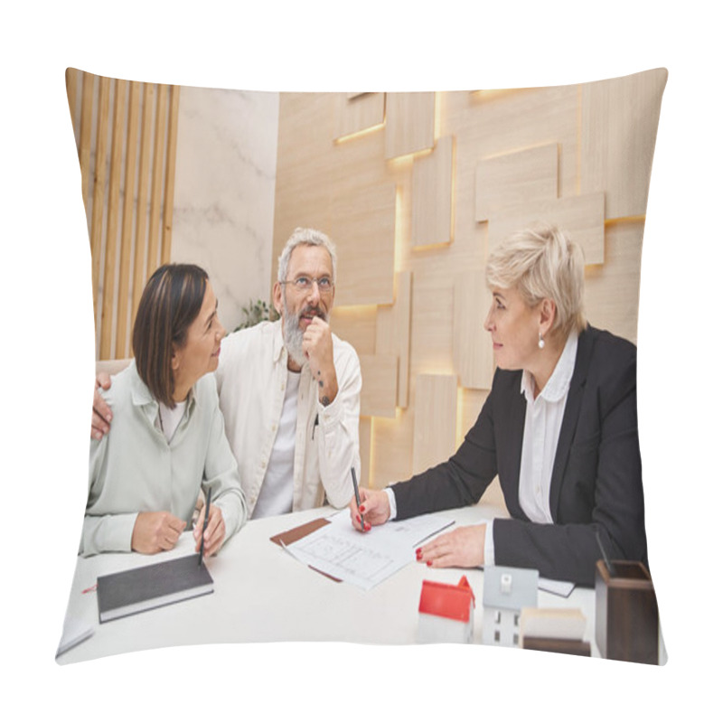 Personality  Cheerful Middle Aged Married Couple Smiling Near Female Realtor And Discussing Project Of New House Pillow Covers