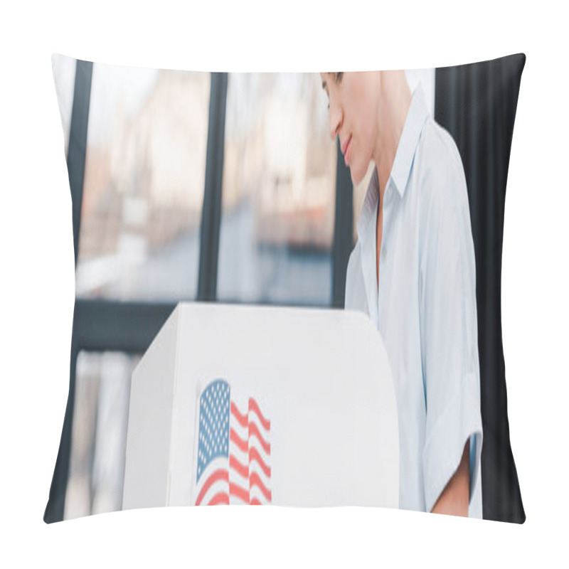 Personality  Panoramic Shot Of Attractive Woman Voting Near Stand With American Flag  Pillow Covers