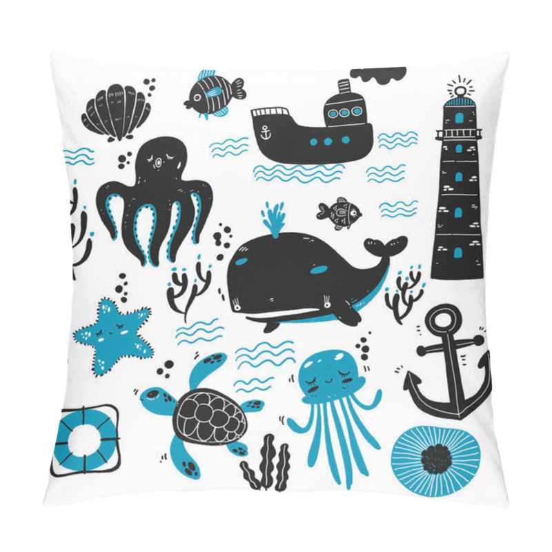 Personality  Set Of Sea Creatures And Marine Sketches Pillow Covers