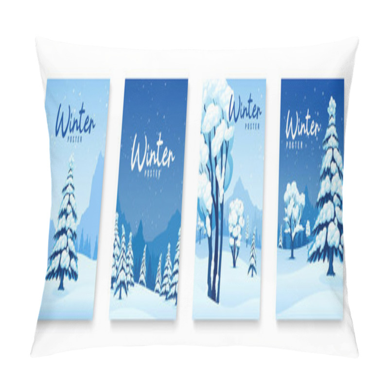 Personality  Winter Posters Blue Set With Snowdrifts And Christmas Trees Isolated Vector Illustration Pillow Covers