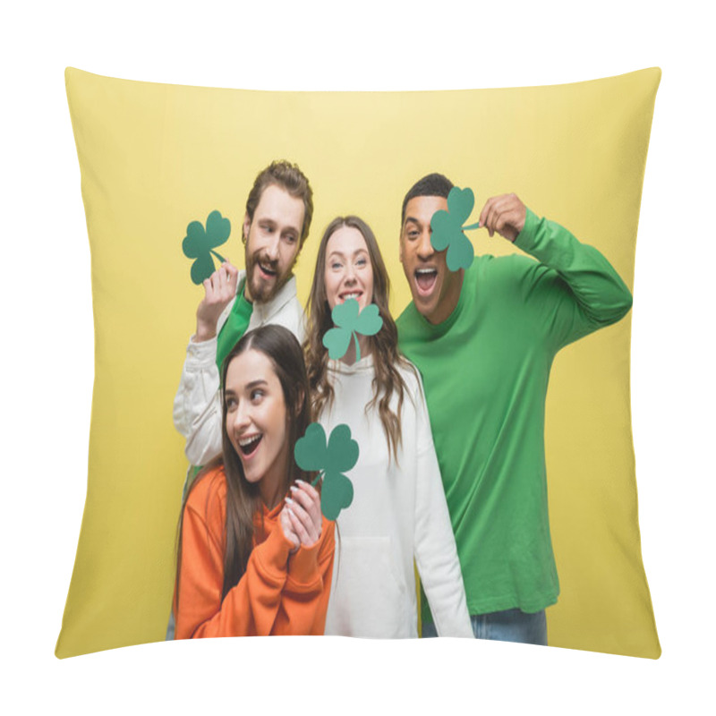 Personality  Cheerful Interracial Friends Holding Paper Clover Isolated On Yellow  Pillow Covers