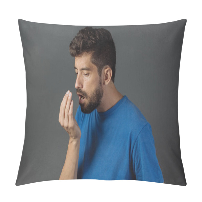 Personality  Bad Breath. Halitosis Concept. Young Man Checking His Breath With His Hand. Pillow Covers