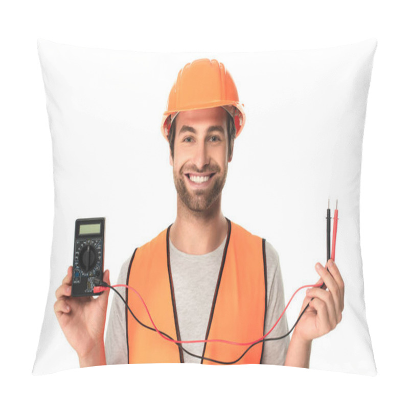 Personality  Smiling Builder Holding Electric Tester Isolated On White  Pillow Covers