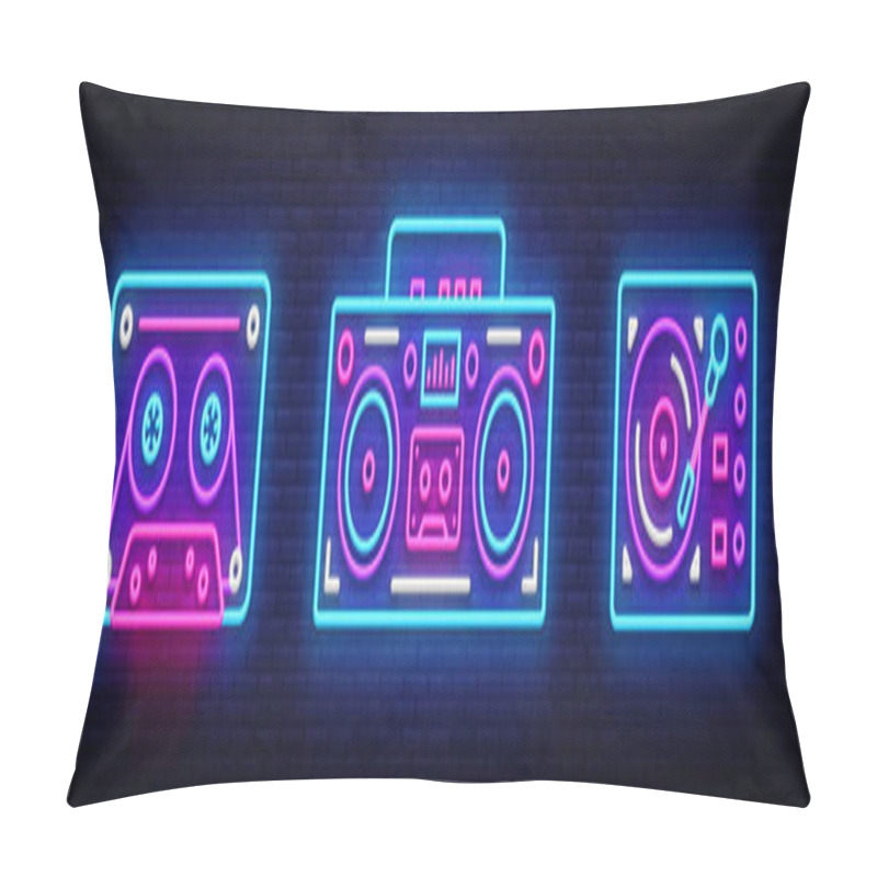 Personality  Big Collection Neon Sing. Retro Music Neon Symbols Design Elements. Back To 80-90s Light Banner, Modern Trend Design Style. Bright Signboard, Night Advertising. Vector Illustration Pillow Covers