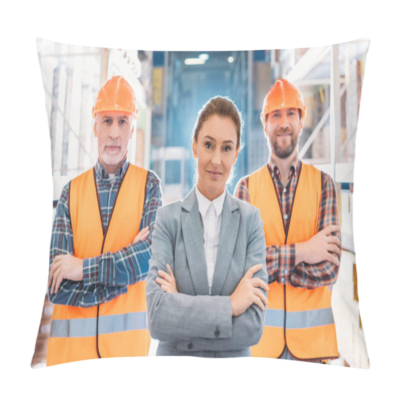 Personality  Workers In Helmets And Inspector In Suit Posing With Crossed Arms In Storage Pillow Covers