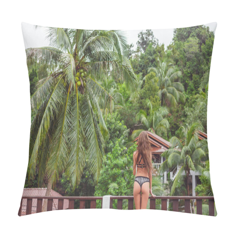 Personality  Rear View Of Young Girl On Balcony Looking At Tropical Forest Pillow Covers