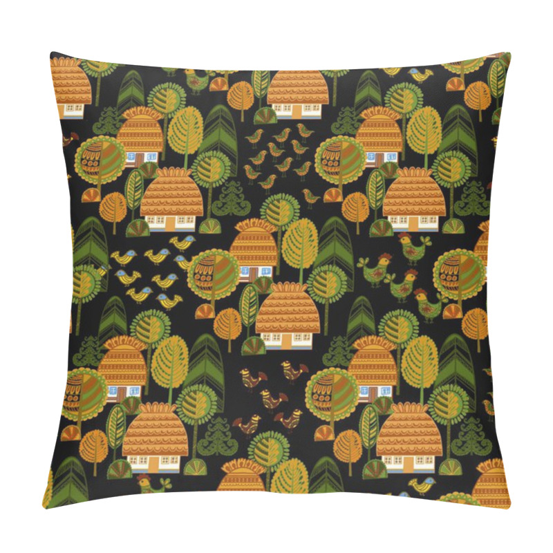 Personality  Charming Ukrainian Village Folk Art Pattern With Traditional Huts And Nature Pillow Covers