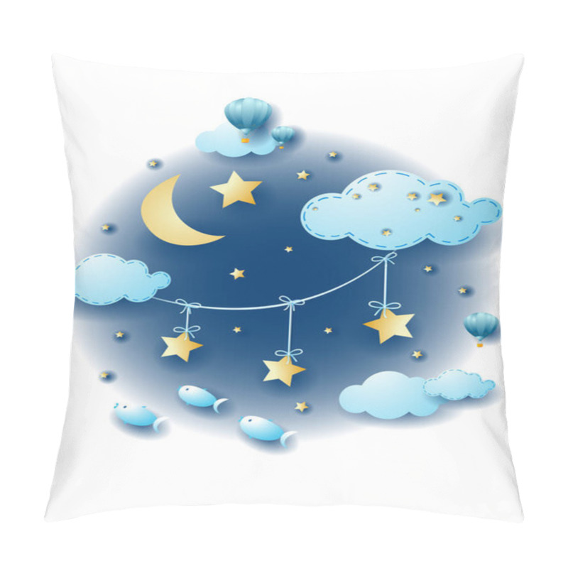 Personality  Night Landscape With Hanging Stars And Flying Fishes, Vector Illustration Eps10 Pillow Covers