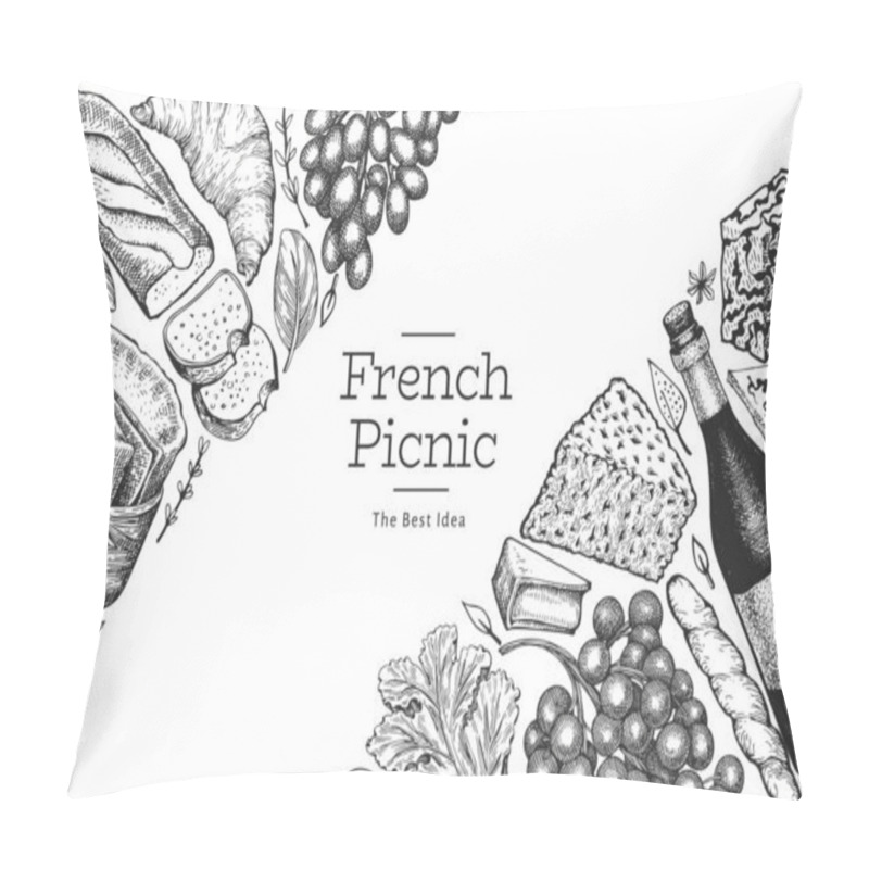 Personality  French Food Illustration Design Template. Hand Drawn Vector Picnic Meal Illustrations. Engraved Style Different Snack And Wine Banner. Retro Food Background. Pillow Covers