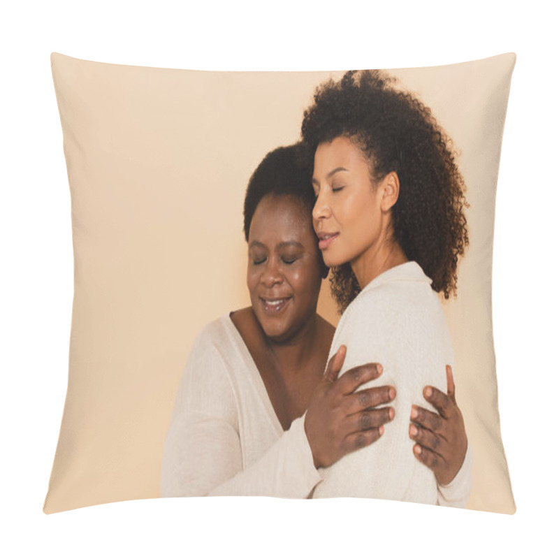 Personality  Portrait Of African American Adult Daughter And Middle Aged Mother Hugging With Closed Eyes Isolated On Beige Pillow Covers