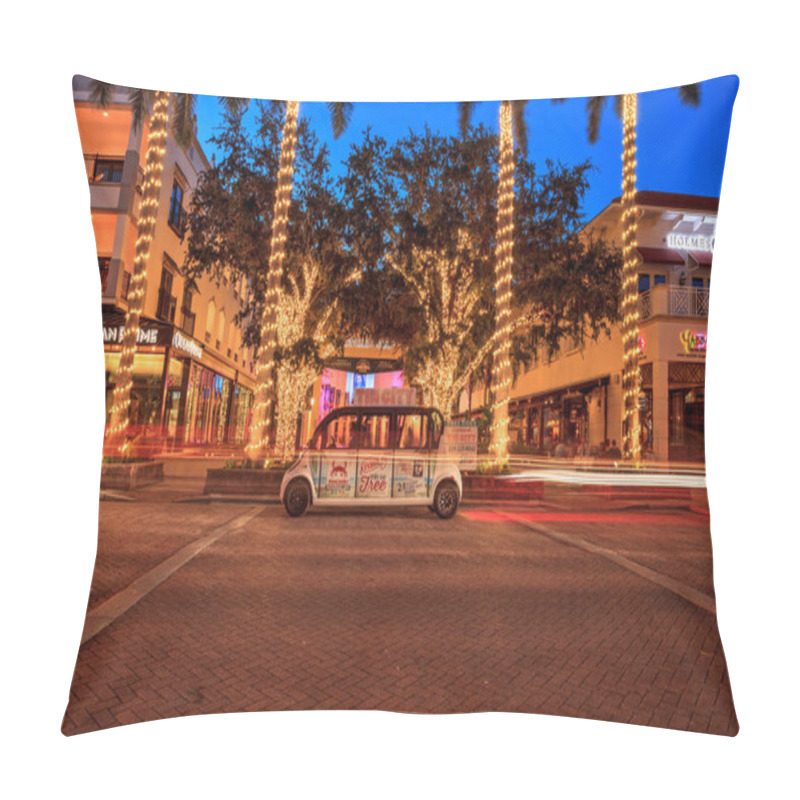 Personality  Naples, Florida, USA - September 16, 2018: Sunset Over The Glittering White Lights Around The Naples Players Community Theater On 5th Street Where The Tin City Courtesy Shuttle Bus Stops In Old Naples, Florida Pillow Covers