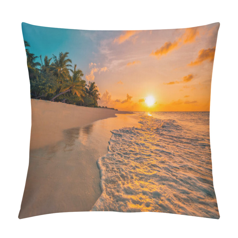 Personality  Beautiful Panoramic Sunset Tropical Paradise Beach. Tranquil Summer Vacation Or Holiday Landscape. Tropical Sunset Beach Seaside Palm Calm Sea Panorama Exotic Nature View Inspirational Seascape Scenic Pillow Covers