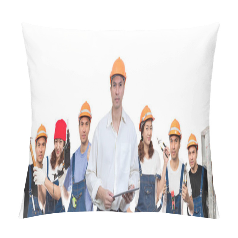 Personality  Asian Handsome Architect With Workers. Home Improvement, Renovation Set. Asian Craftsman Team Pillow Covers