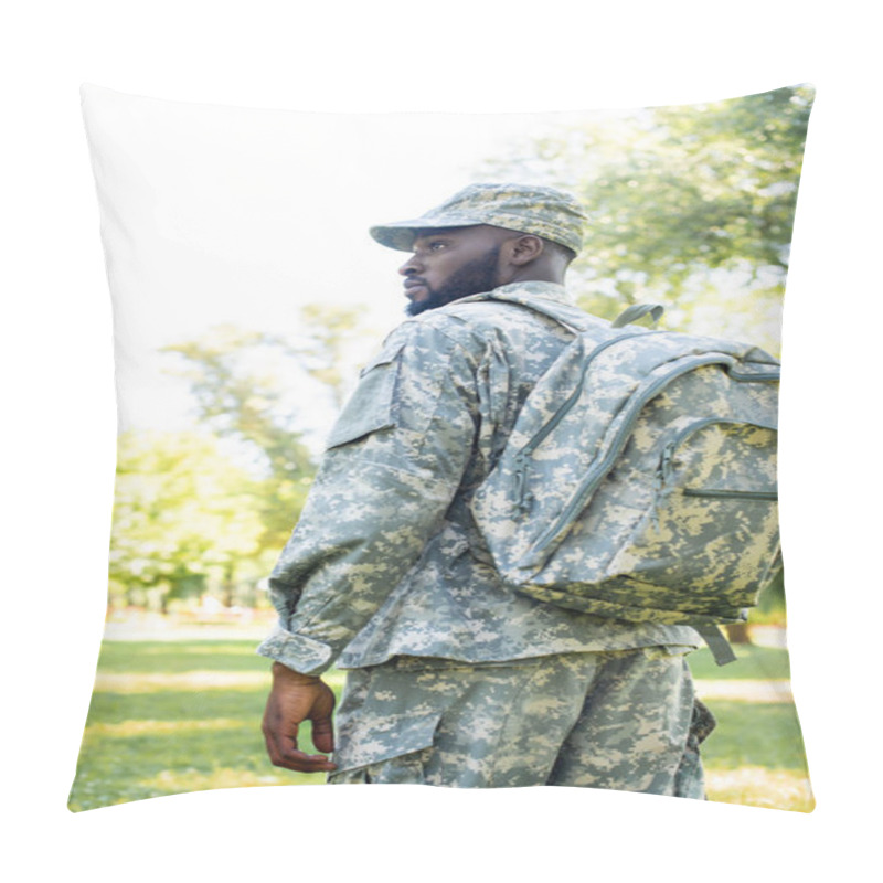 Personality  Low Angle View Of African American Soldier In Military Uniform And Bag Looking Away In Park Pillow Covers