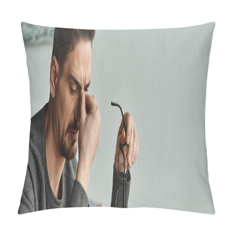 Personality  Stressed Bearded Man In Casual Wear Holding Glasses And Touching Eyes After Work At Home, Banner Pillow Covers