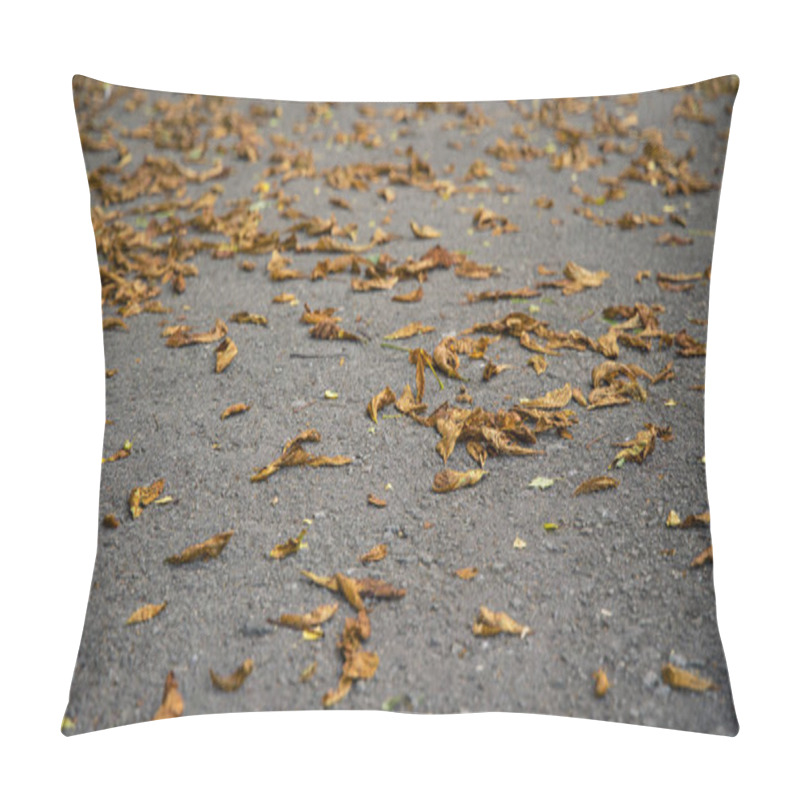 Personality  Autumn Season Concept Wallpaper Picture Of Dry Falling Orange Foliage On Asphalt Perspective Background Surface Pillow Covers