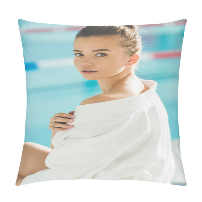 Personality  Young Woman In Bathrobe With Naked Shoulder Relaxing At Spa Pillow Covers