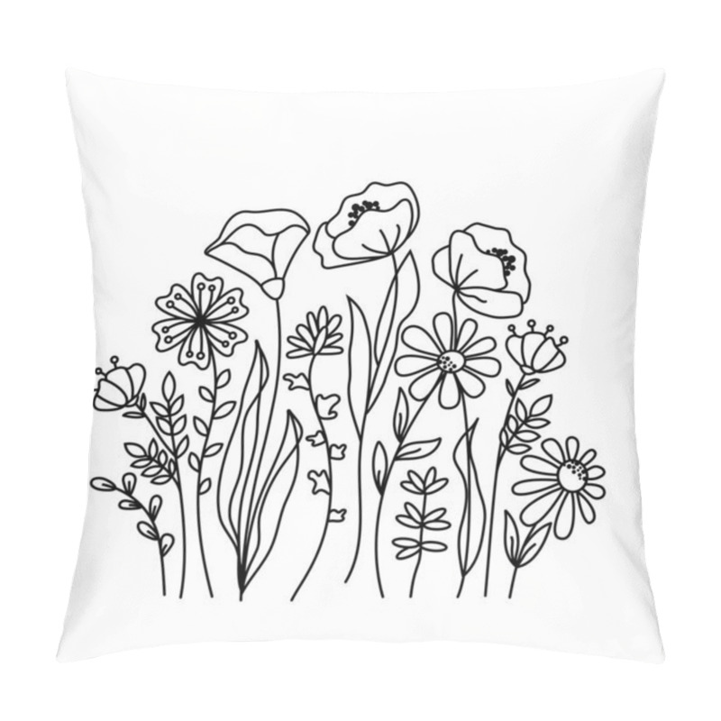 Personality  Hand Drawn Wildflowers Meadow. Black And White Doodle Wild Flowers And Grass Plants. Monochrome Floral Elements. Pillow Covers