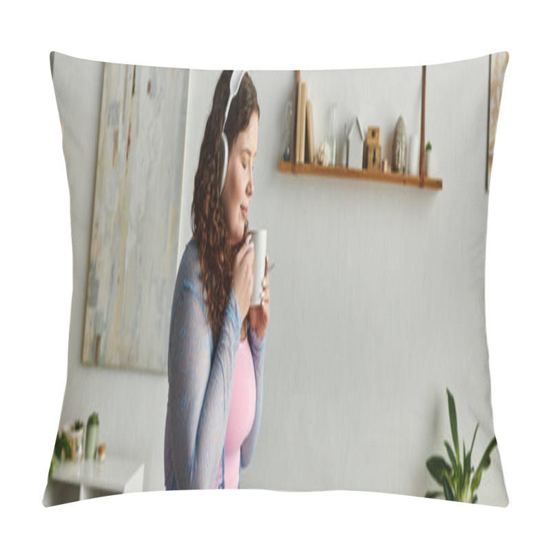 Personality  Radiant Woman With Curly Hair And Comfy Vibrant Attire At Home. Pillow Covers