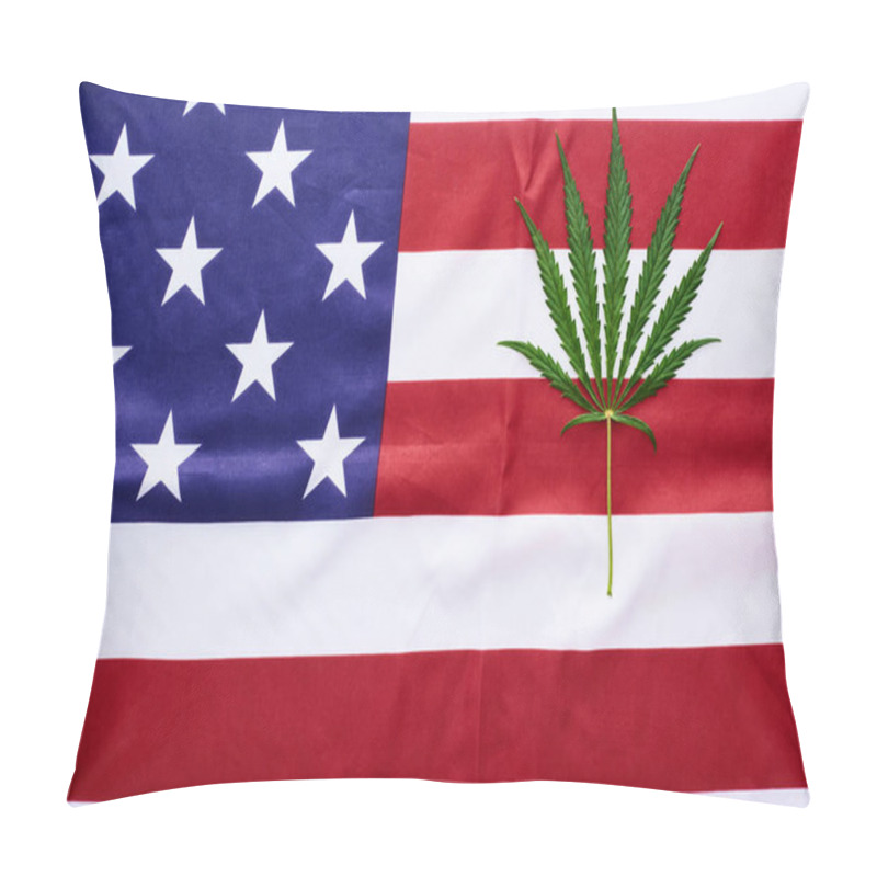 Personality  Top View Of Green Cannabis Leaf On American Flag Background Pillow Covers