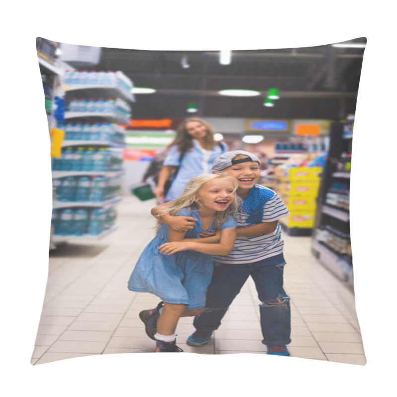 Personality  Happy Sister And Brother Having Fun In Supermarket, Mother Standing Behind Pillow Covers