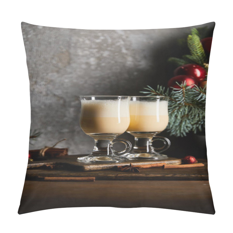 Personality  Glasses With Delicious Eggnog Drink On Cutting Board Near Decorated Spruce Branch On Grey Stone Background Pillow Covers