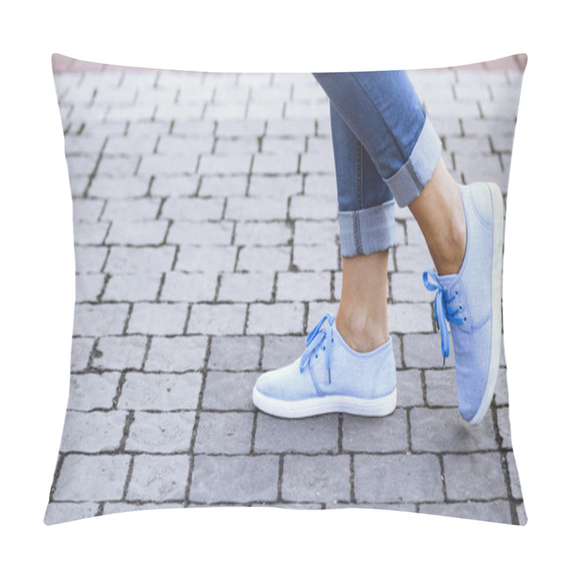 Personality  Legs Of A Girl In Jeans And Blue Sneakers On A Sidewalk Tile, A Young Woman Strolling In A Summer Park Pillow Covers