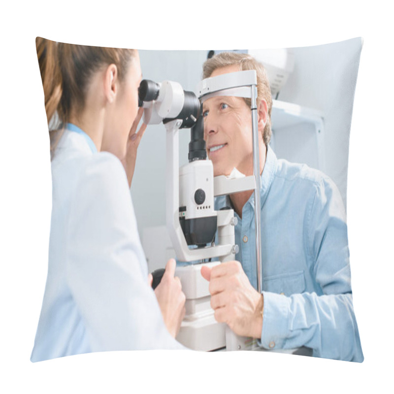 Personality  Professional Female Optician Examining Man With Modern Visual Equipment Pillow Covers