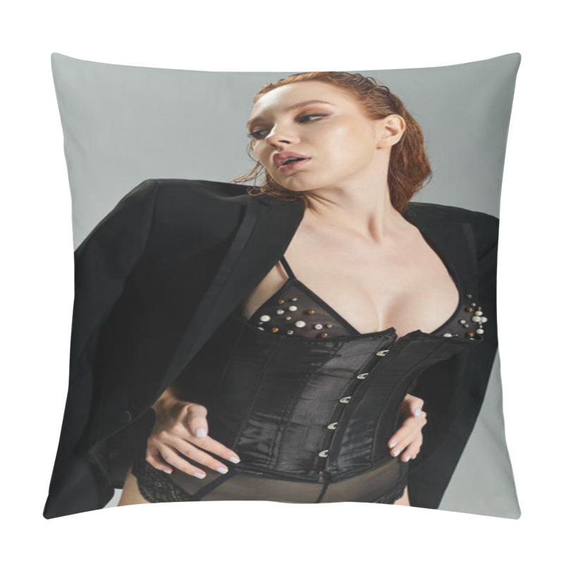 Personality  A Striking Woman Poses Confidently In Stylish Attire Against A Minimalist Backdrop. Pillow Covers