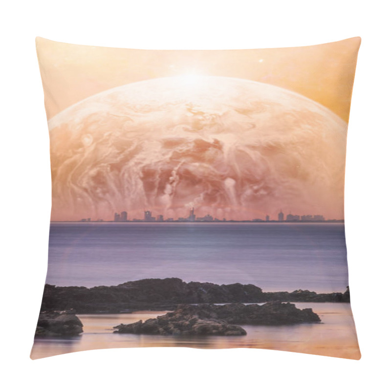 Personality  Science Fiction Book Cover Template - Fantasy Landscape Of Modern City Skyline With Rocks On The Foreground And Huge Alien Planet Rising In Orange Sky. Elements Of This Image Are Furnished By NASA Pillow Covers