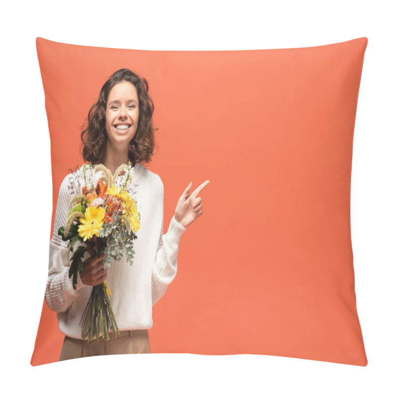 Personality  Happy Woman In Autumnal Outfit Holding Bouquet Of Flowers And Pointing With Finger Isolated On Orange Pillow Covers