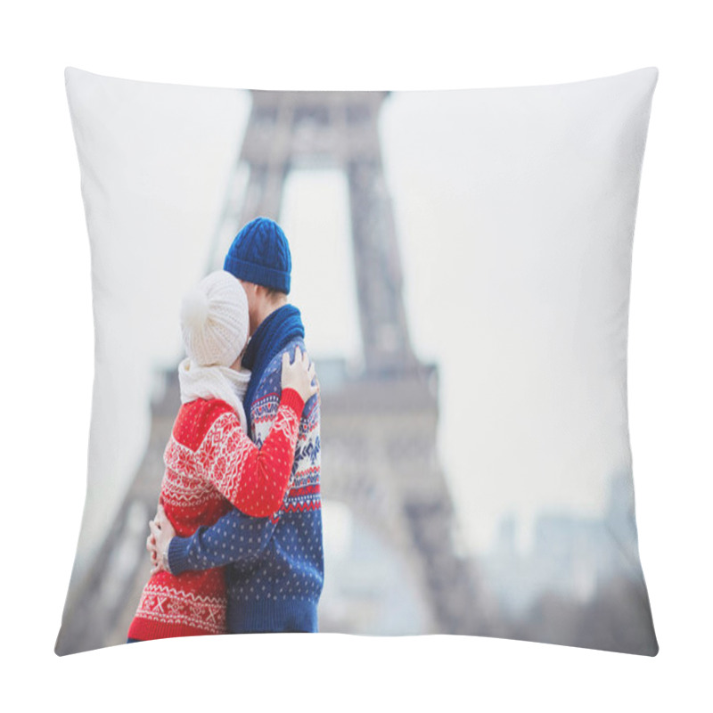 Personality  Happy Couple Near The Eiffel Tower On A Winter Day. Trip To Paris During Season Holidays Pillow Covers