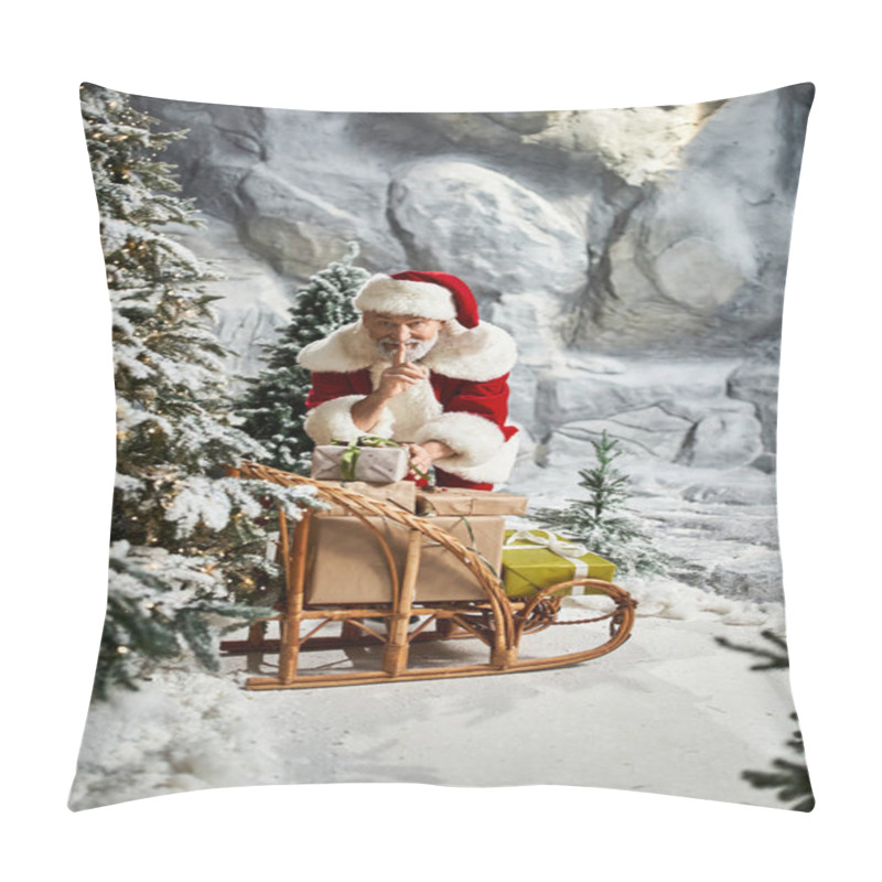 Personality  Santa Claus Quietly Organizes Wrapped Presents While Surrounded By A Magical Winter Landscape. Pillow Covers