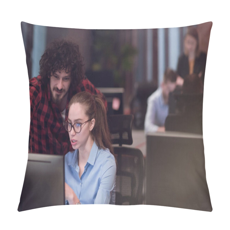 Personality   Smiling Businesswoman Experienced In Work On Business Project Training Coaching Man Coworker, Pleasant Lady Qualified Consultant Advisor Assisting Male Client Customer At Laptop Pillow Covers