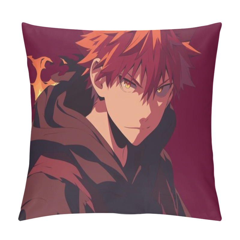 Personality  Anime Character With Flaming Hair, Intense Gaze, In A Dark, Moody Setting Featuring Bold Red And Black Tones. Pillow Covers