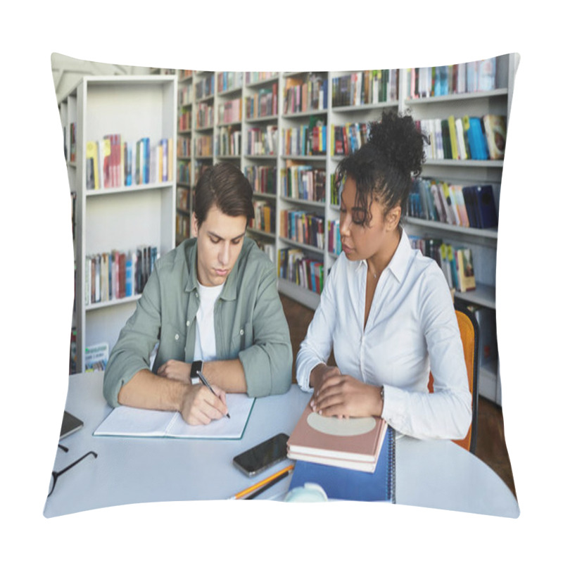 Personality  A Patient Educator Assists Her Focused Student With Engaging Lessons In The Library. Pillow Covers