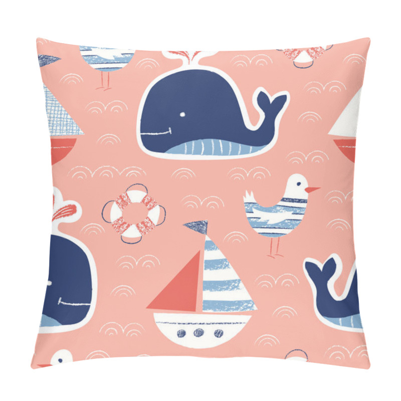 Personality  Whimsical Cute, Hand-Drawn With Crayons, Whale, Ship, Seagull, Lifebuoy Vector Seamless Pattern. Nautical Sea Creatures Pillow Covers