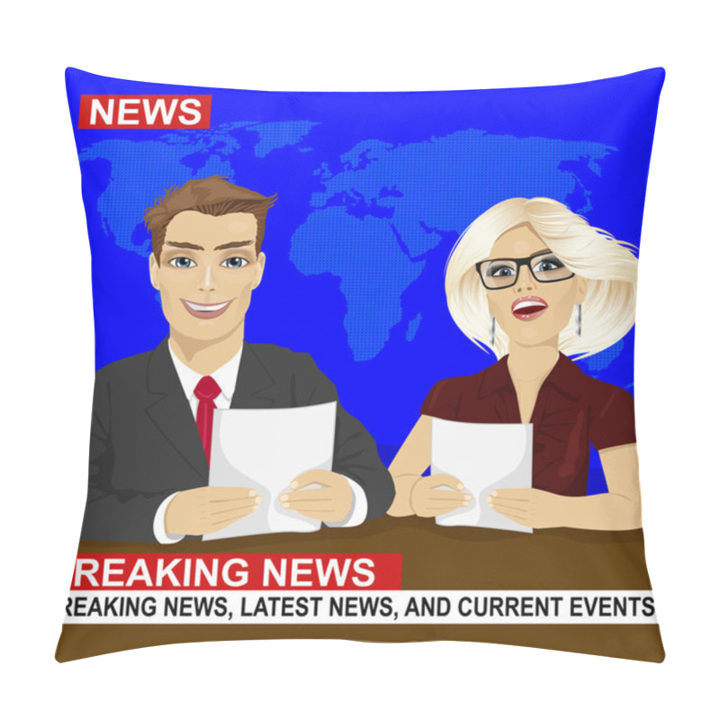 Personality  TV News Anchors Reporting Breaking News Sitting In Studio Pillow Covers