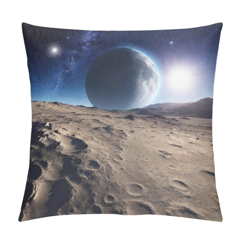 Personality  A High-resolution Ultrarealistic Image Depicting The Lunar Surface With Earth In The Background. The Digital Artwork Captures The Barren, Rocky Landscape Of The Moon Under The Soft, Diffused Lighting Of Distant Stars. The Foreground Is Detailed With Pillow Covers