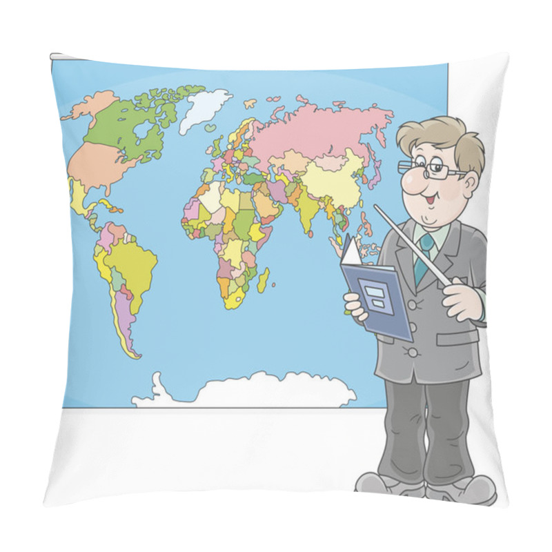 Personality  Geography Teacher With A Schoolbook And A Pointer Standing Near A World Map, A  Vector Illustration In Cartoon Style Pillow Covers