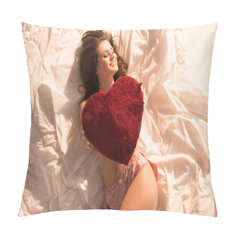 Personality  Top View Of Smiling Girl Lying In Underwear With Heart Shaped Pillow Pillow Covers