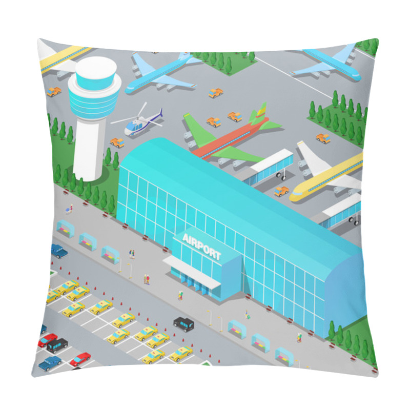 Personality  Isometric Airport Infrastructure With Planes Helicopter Runway And Parking Area. Flat 3d Vector Illustration Pillow Covers