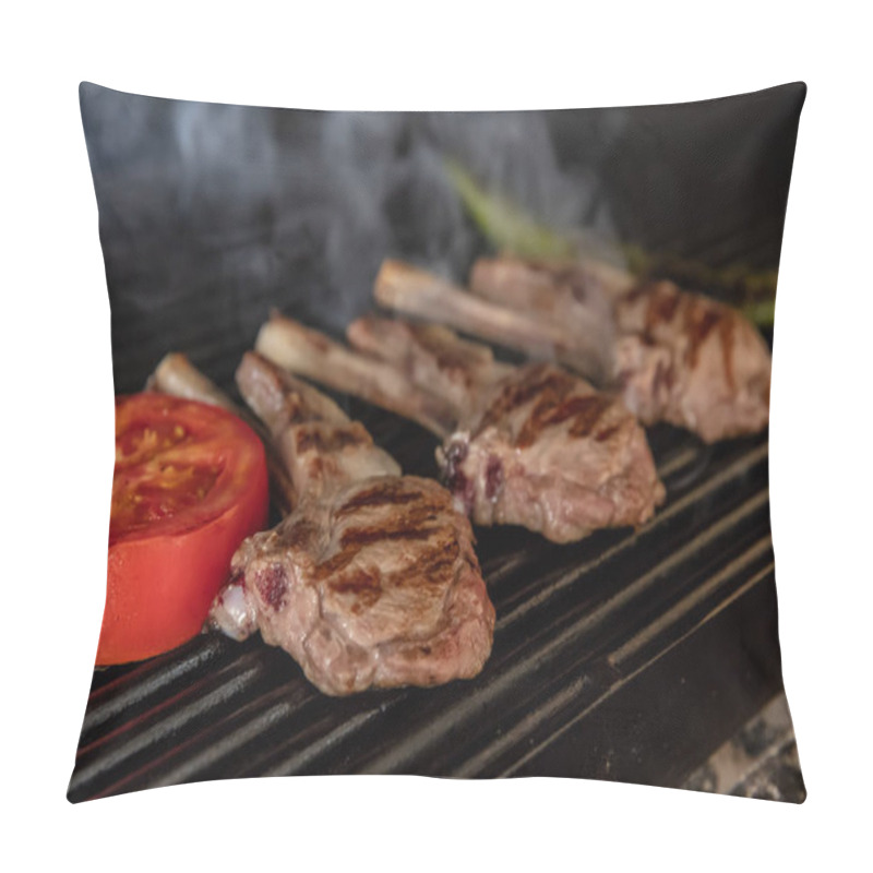 Personality  Lamb Chops On Grill. Grilled Roast Meat Lamb Ribs On Barbecue Grid Over Charcoal Pillow Covers