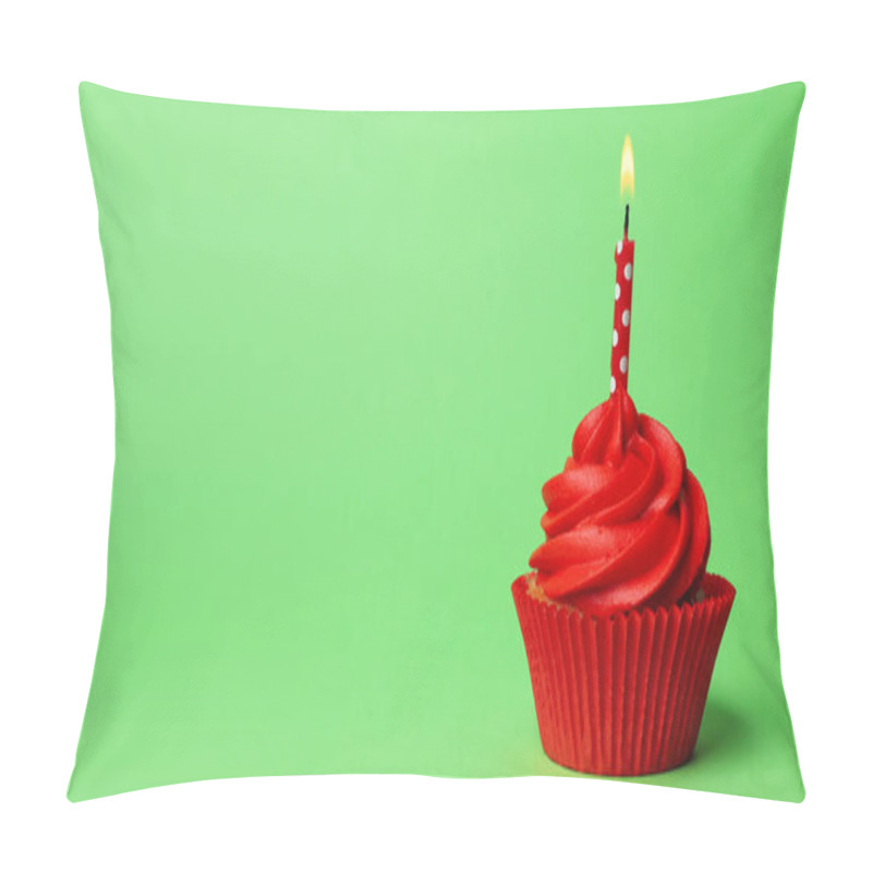 Personality  Delicious Birthday Cupcake With Red Cream And Burning Candle On  Pillow Covers