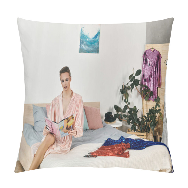 Personality  Drag Queen Enjoys Downtime In Chic Bedroom, Exploring Fashion Magazine And Vibrant Attire. Pillow Covers