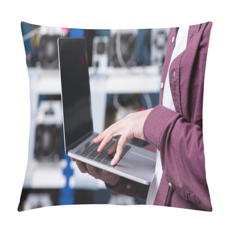 Personality  Cropped Shot Of Computer Engineer Working With Laptop At Cryptocurrency Mining Farm Pillow Covers